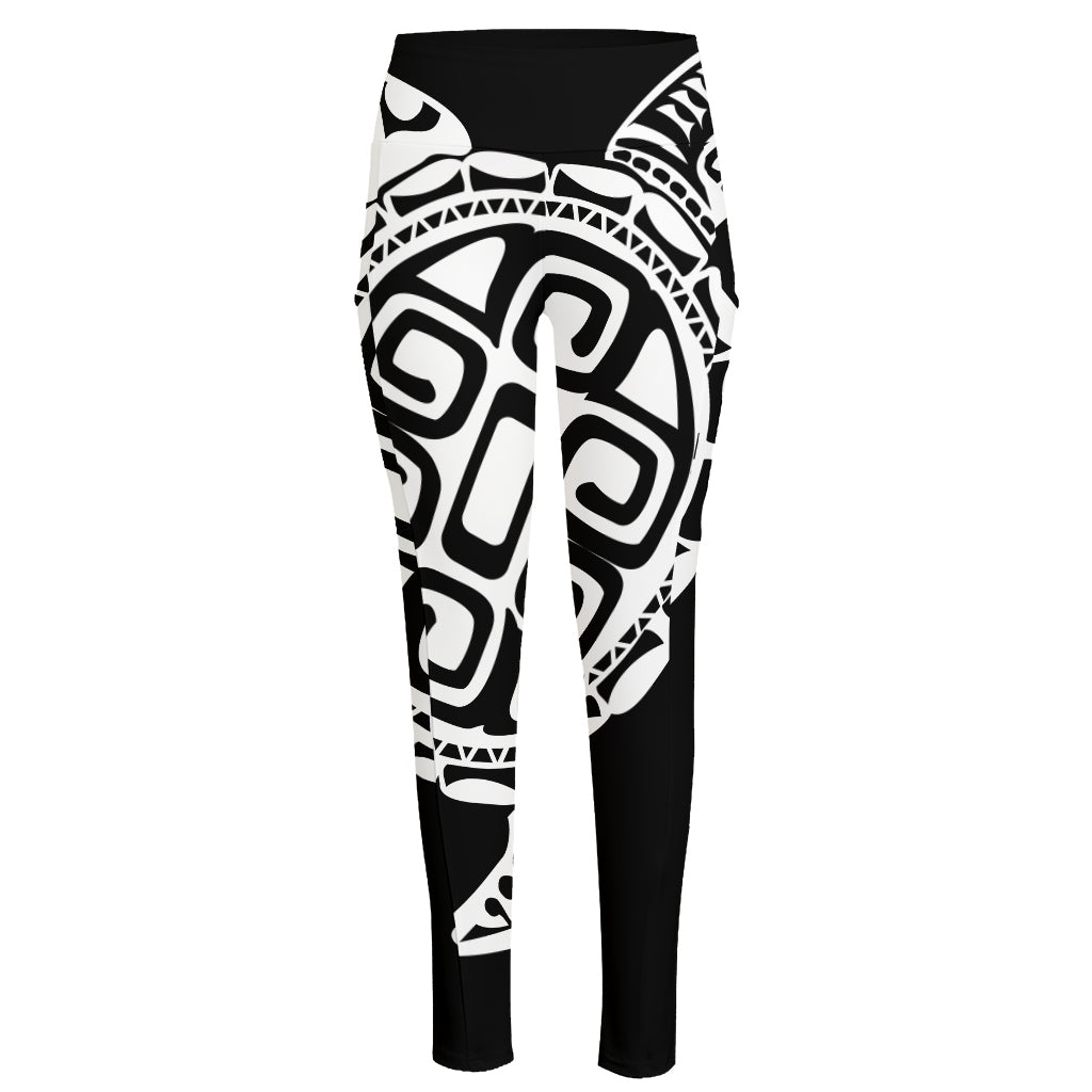 Black And White Maori Sea Turtle Print High-Waisted Pocket Leggings