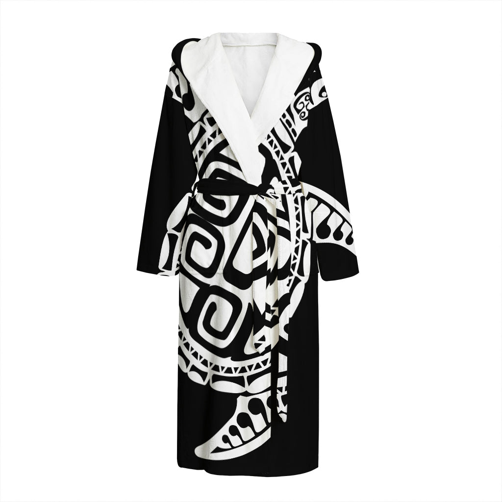 Black And White Maori Sea Turtle Print Hooded Bathrobe