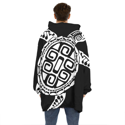 Black And White Maori Sea Turtle Print Hoodie Blanket