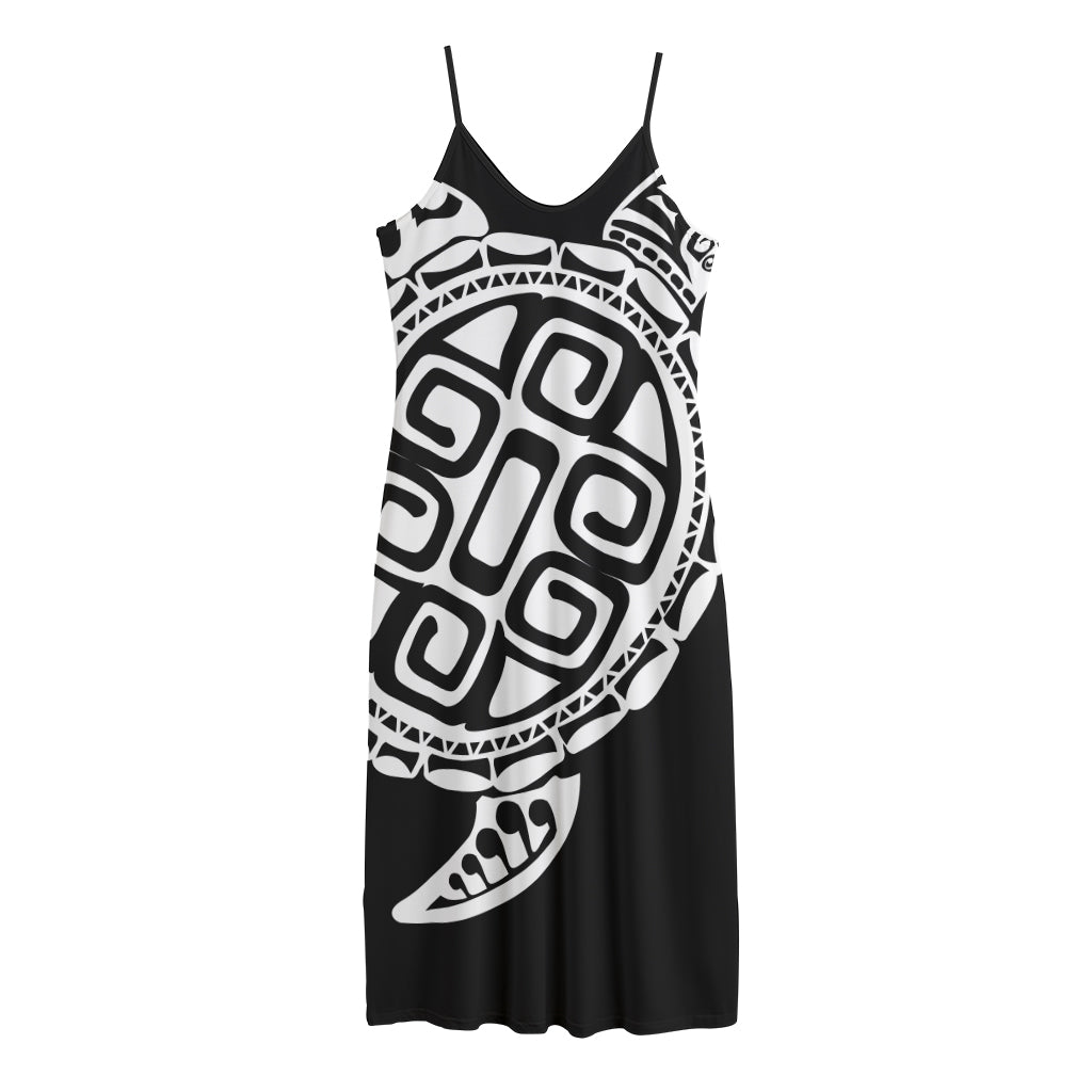 Black And White Maori Sea Turtle Print Jersey Midi Cami Dress