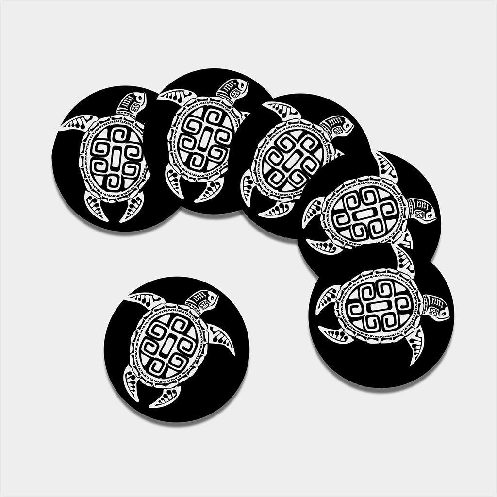 Black And White Maori Sea Turtle Print Leather Coaster Set