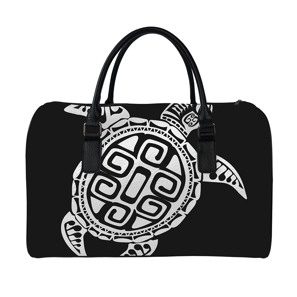 Black And White Maori Sea Turtle Print Leather Duffle Bag