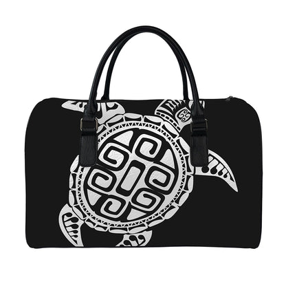 Black And White Maori Sea Turtle Print Leather Duffle Bag