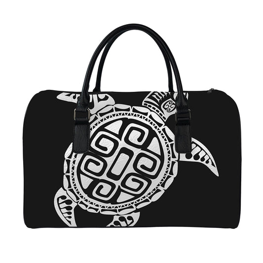 Black And White Maori Sea Turtle Print Leather Duffle Bag