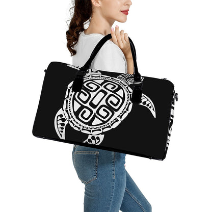 Black And White Maori Sea Turtle Print Leather Duffle Bag