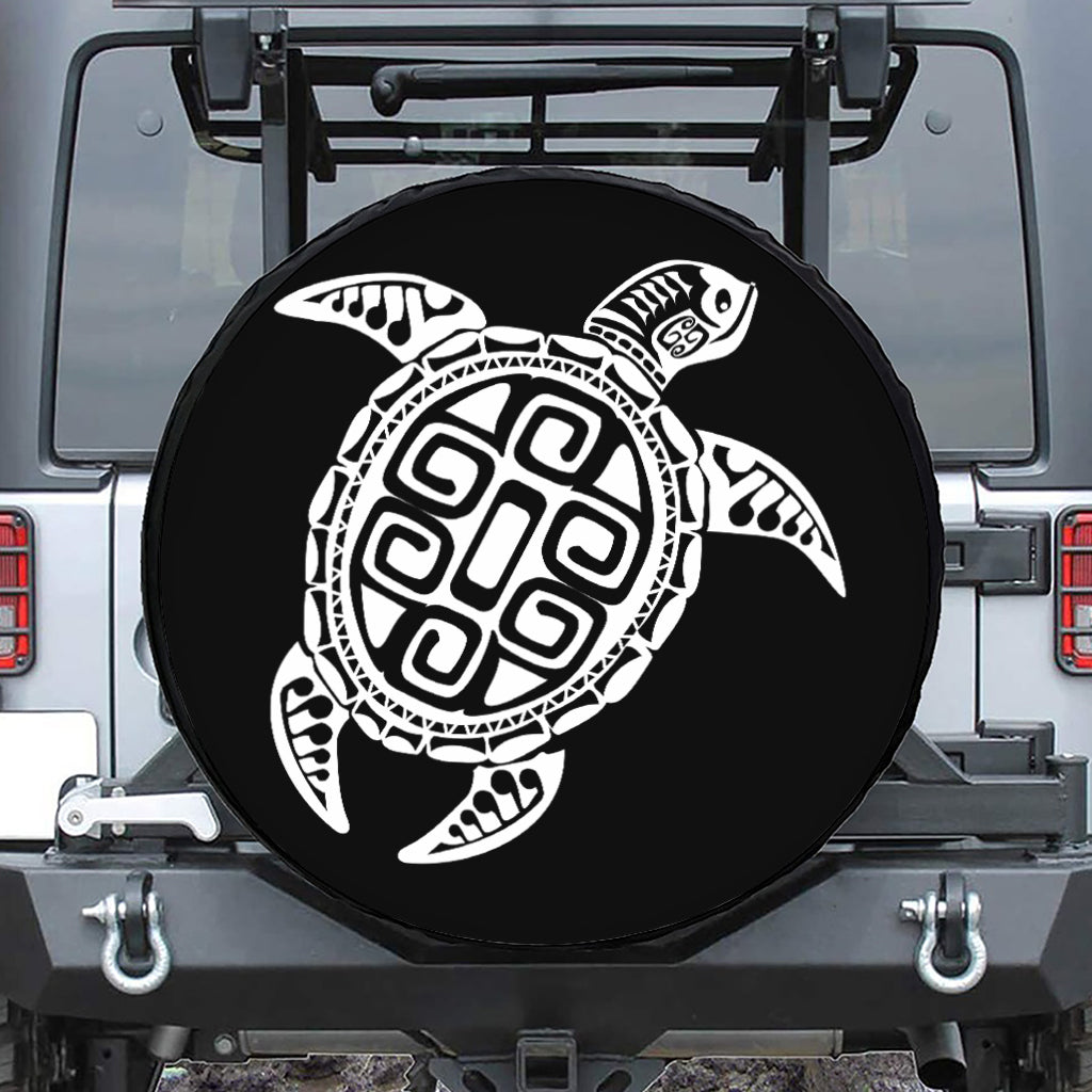 Black And White Maori Sea Turtle Print Leather Spare Tire Cover