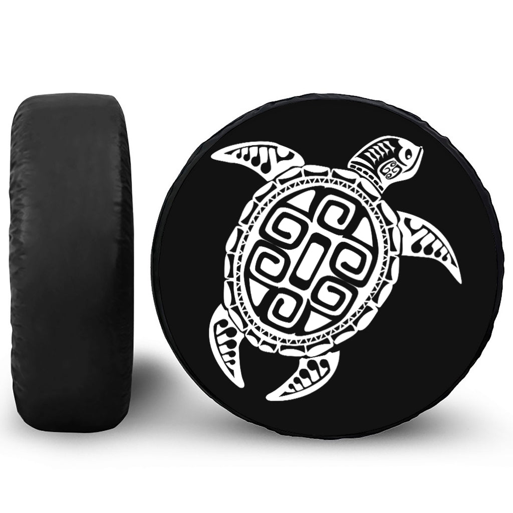 Black And White Maori Sea Turtle Print Leather Spare Tire Cover