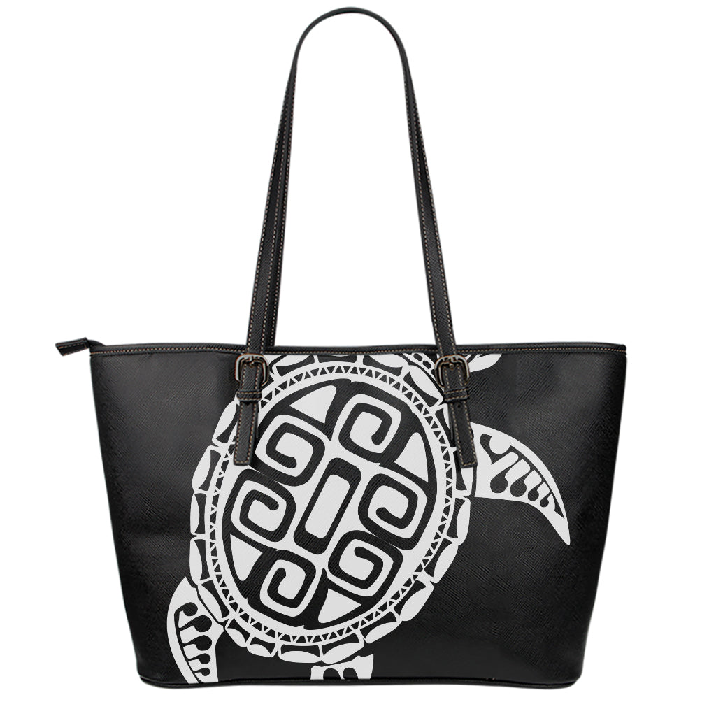 Black And White Maori Sea Turtle Print Leather Tote Bag