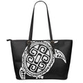 Black And White Maori Sea Turtle Print Leather Tote Bag With Zipper
