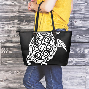 Black And White Maori Sea Turtle Print Leather Tote Bag