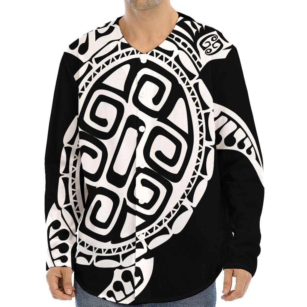 Black And White Maori Sea Turtle Print Long Sleeve Baseball Jersey