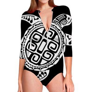 Black And White Maori Sea Turtle Print Long Sleeve Swimsuit