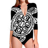 Black And White Maori Sea Turtle Print Long Sleeve Swimsuit