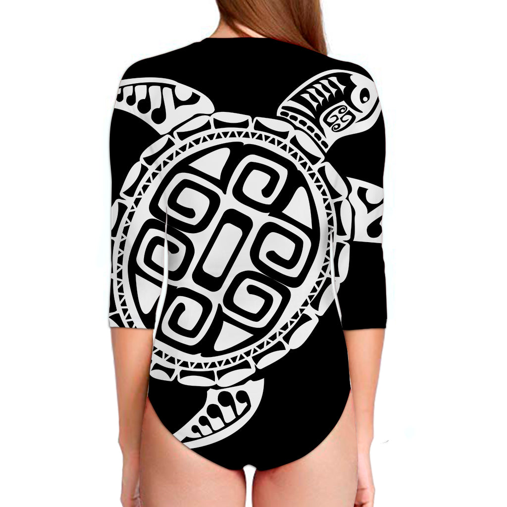 Black And White Maori Sea Turtle Print Long Sleeve Swimsuit