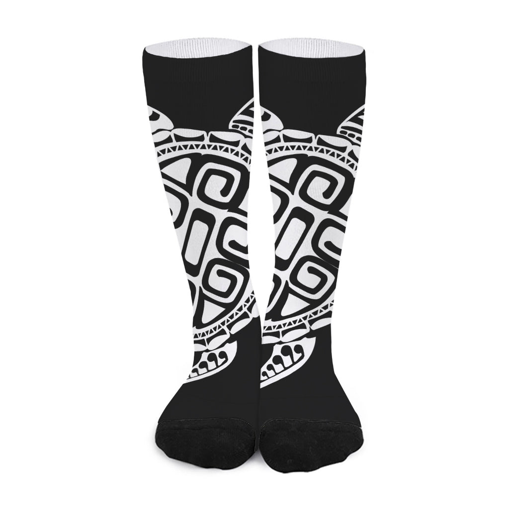 Black And White Maori Sea Turtle Print Long Socks