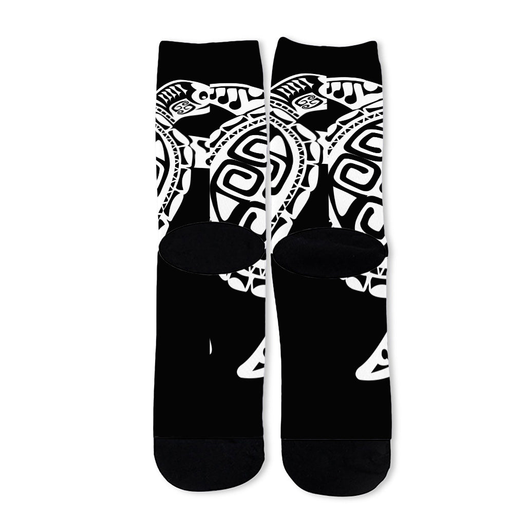 Black And White Maori Sea Turtle Print Long Socks