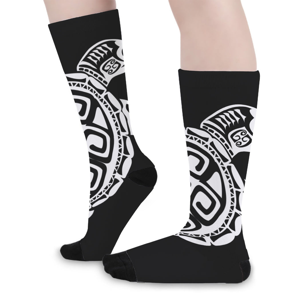 Black And White Maori Sea Turtle Print Long Socks