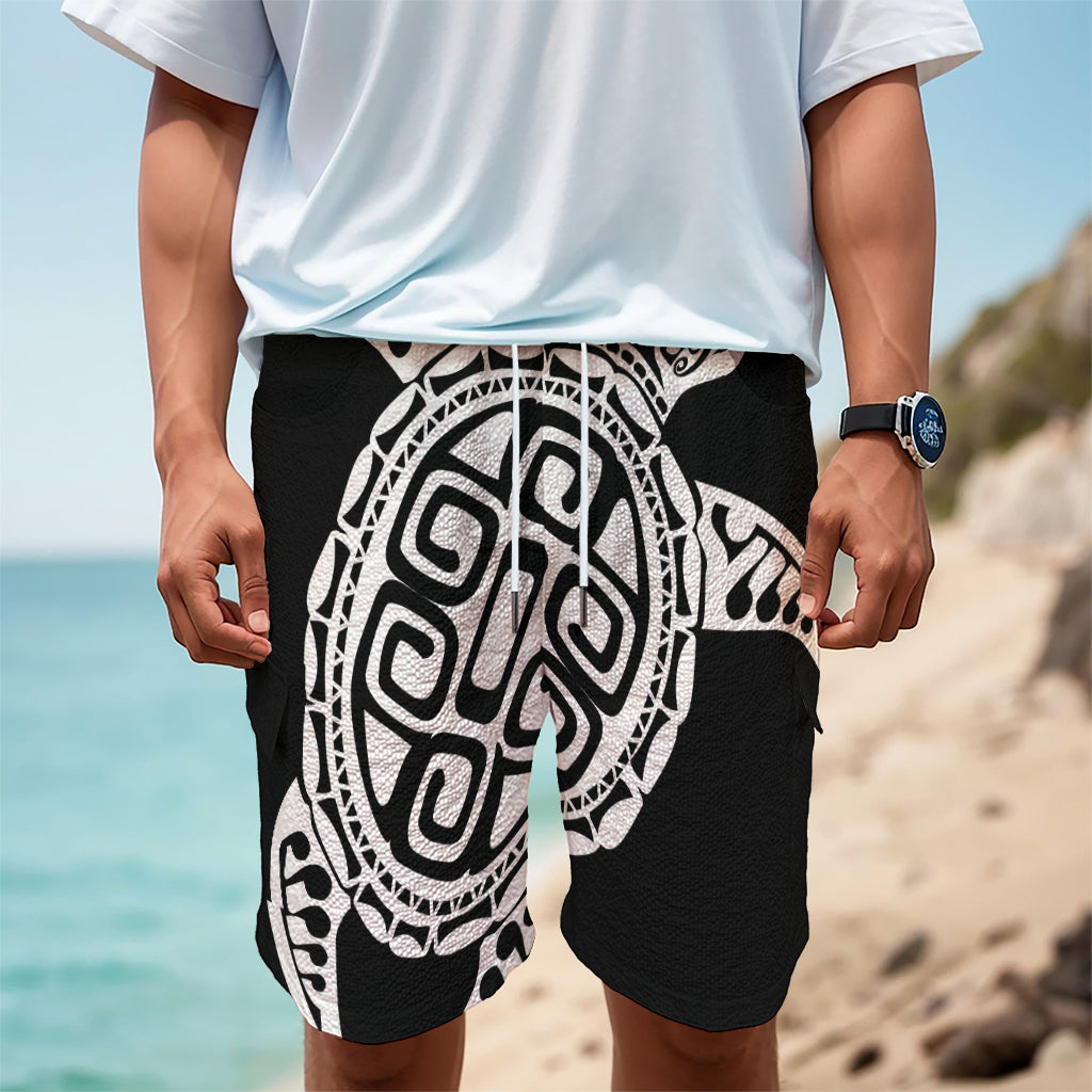 Black And White Maori Sea Turtle Print Men's Cargo Shorts