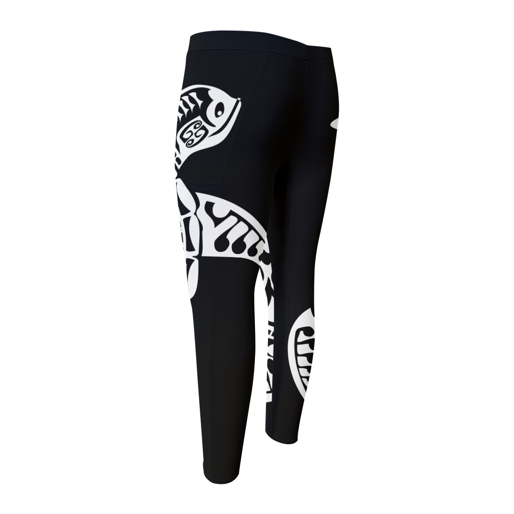 Black And White Maori Sea Turtle Print Men's Compression Pants