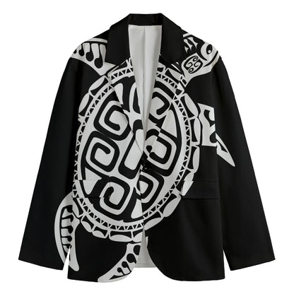 Black And White Maori Sea Turtle Print Men's Cotton Blazer