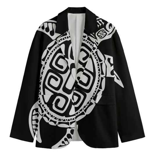 Black And White Maori Sea Turtle Print Men's Cotton Blazer