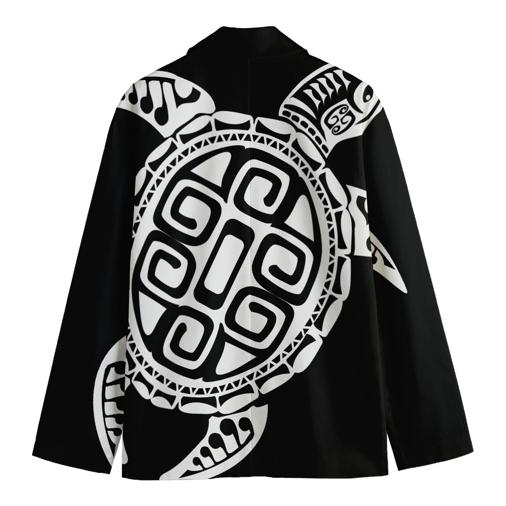 Black And White Maori Sea Turtle Print Men's Cotton Blazer