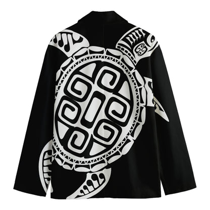 Black And White Maori Sea Turtle Print Men's Cotton Blazer