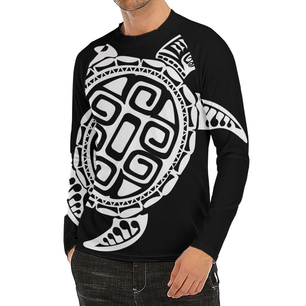 Black And White Maori Sea Turtle Print Men's Long Sleeve Rash Guard