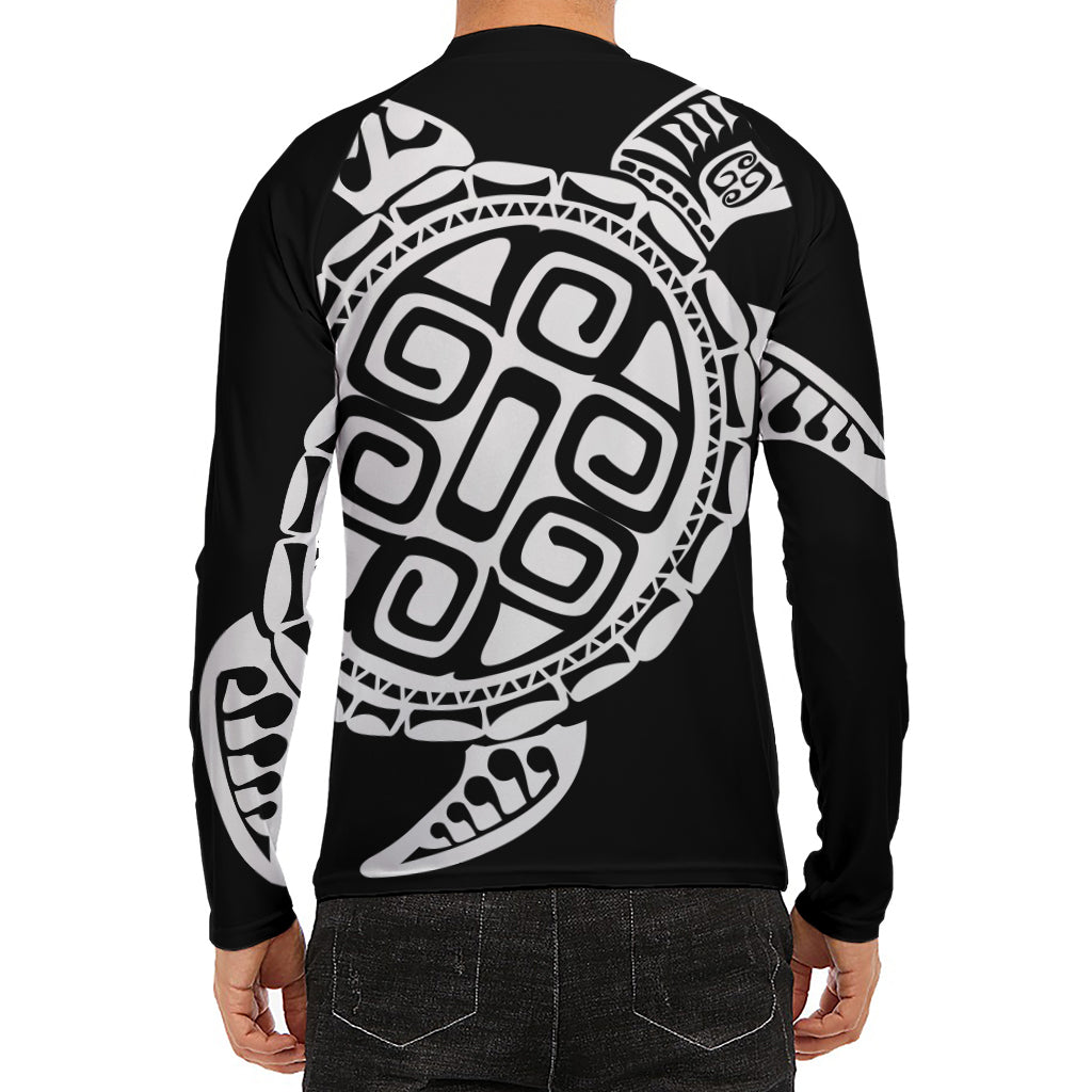 Black And White Maori Sea Turtle Print Men's Long Sleeve Rash Guard