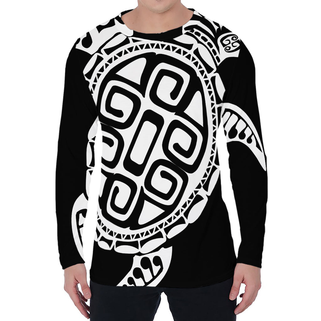 Black And White Maori Sea Turtle Print Men's Long Sleeve T-Shirt