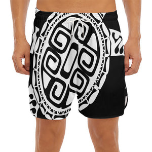 Black And White Maori Sea Turtle Print Men's Split Running Shorts