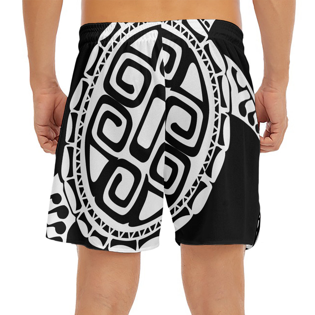 Black And White Maori Sea Turtle Print Men's Split Running Shorts