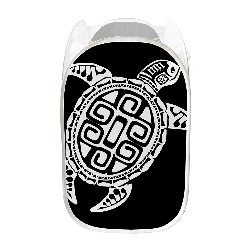 Black And White Maori Sea Turtle Print Mesh Laundry Hamper