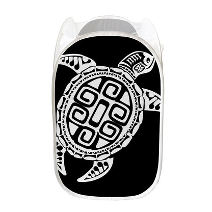 Black And White Maori Sea Turtle Print Mesh Laundry Hamper