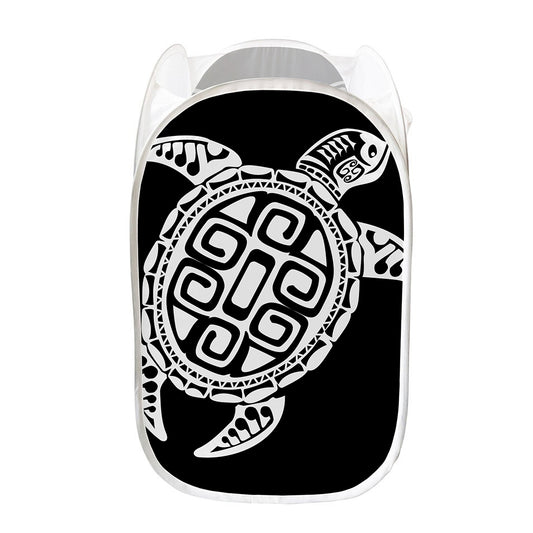 Black And White Maori Sea Turtle Print Mesh Laundry Hamper
