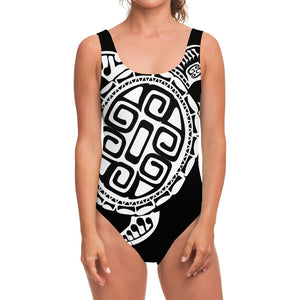 Black And White Maori Sea Turtle Print One Piece Swimsuit