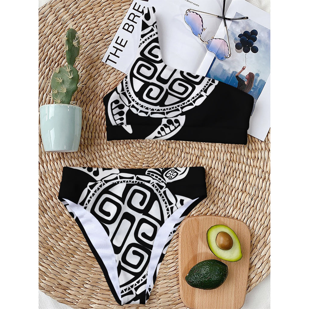 Black And White Maori Sea Turtle Print One Shoulder Bikini Top