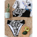 Black And White Maori Sea Turtle Print One Shoulder Bikini Top