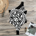 Black And White Maori Sea Turtle Print One Shoulder Bodysuit