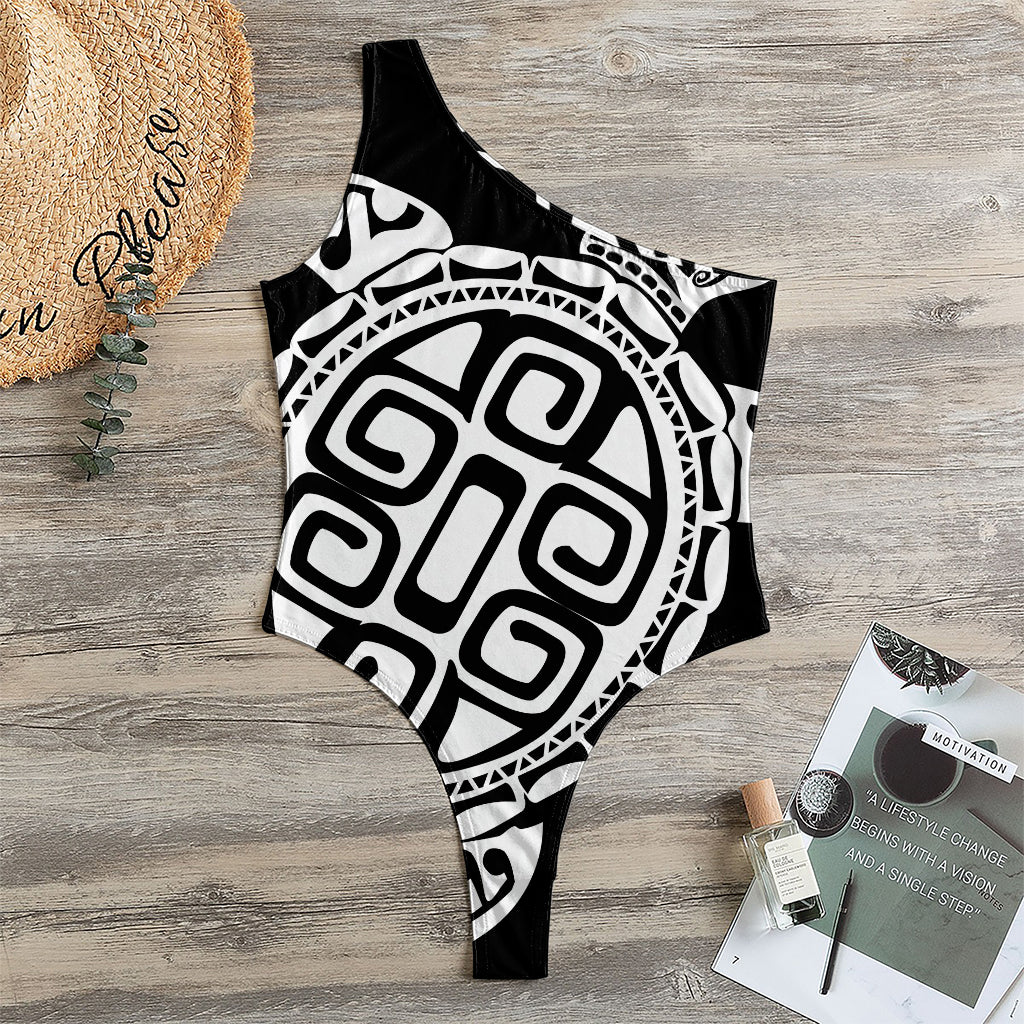 Black And White Maori Sea Turtle Print One Shoulder Bodysuit