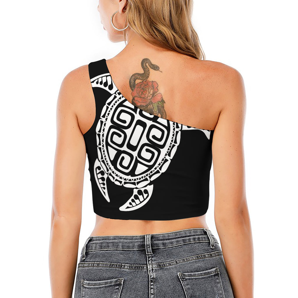 Black And White Maori Sea Turtle Print One Shoulder Crop Top