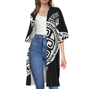 Black And White Maori Sea Turtle Print Open Front Beach Cover Up