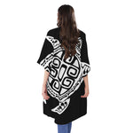 Black And White Maori Sea Turtle Print Open Front Beach Cover Up