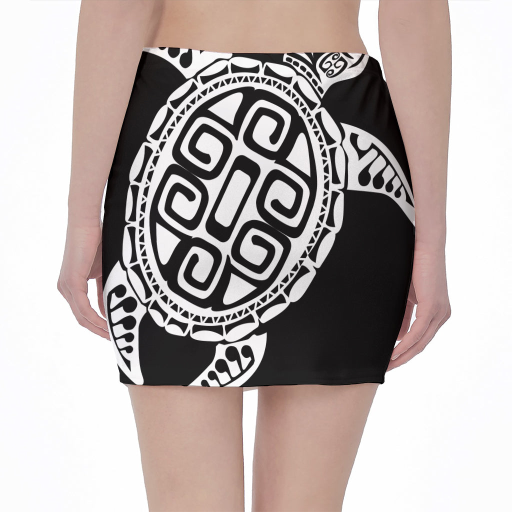 Black And White Maori Sea Turtle Print Pencil Mini Skirt