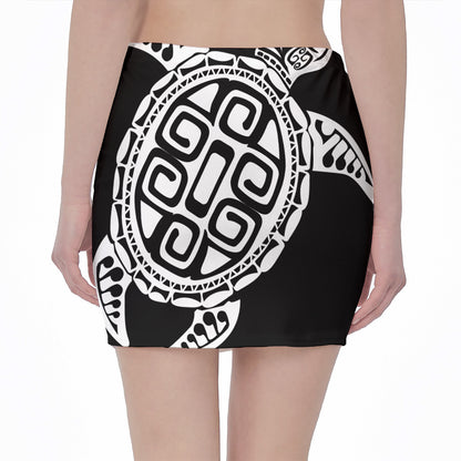 Black And White Maori Sea Turtle Print Pencil Mini Skirt