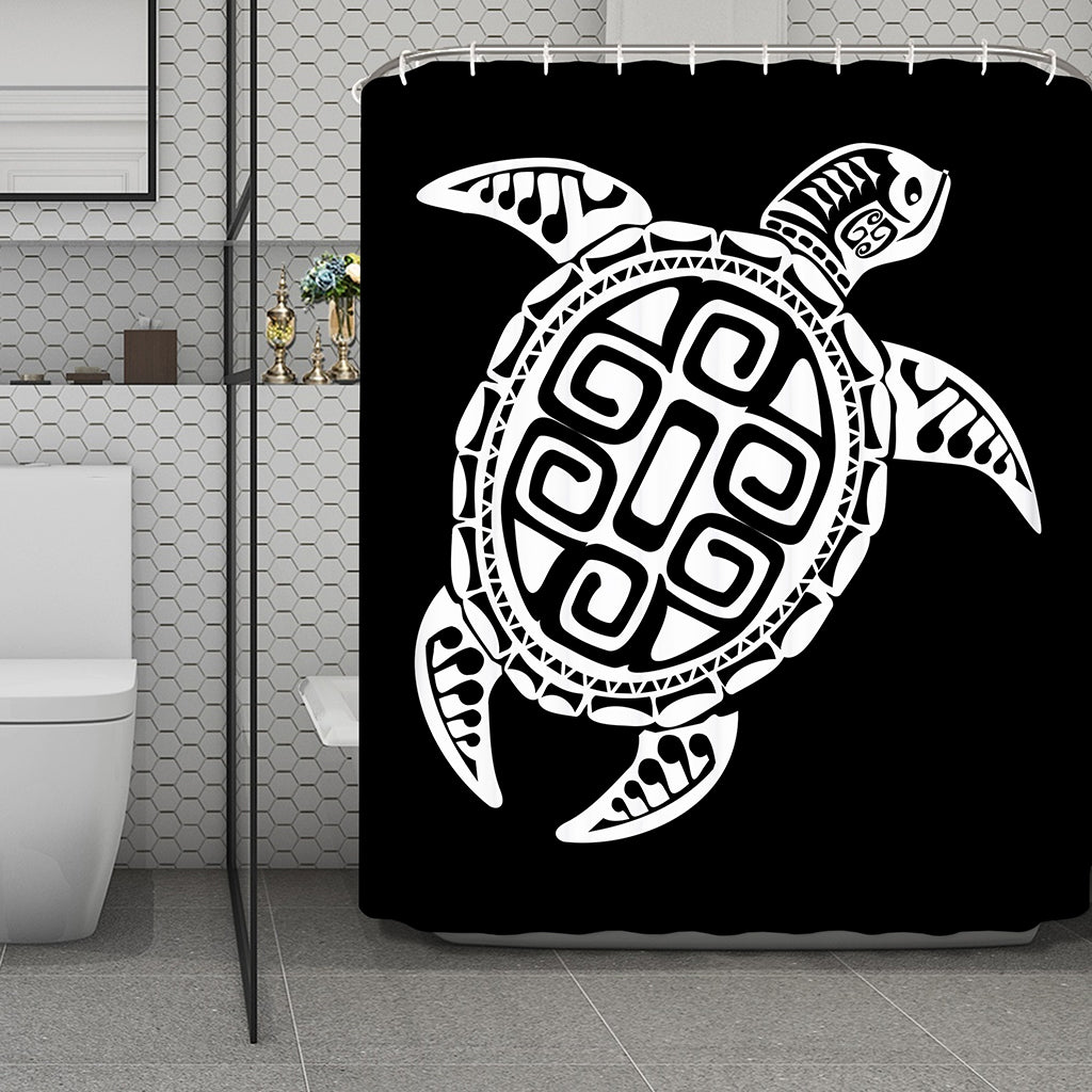 Black And White Maori Sea Turtle Print Polyester Shower Curtain