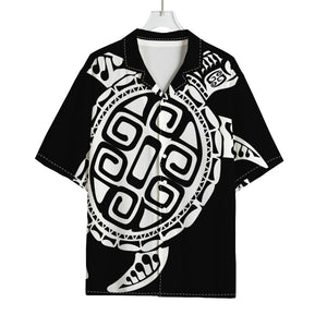 Black And White Maori Sea Turtle Print Rayon Hawaiian Shirt