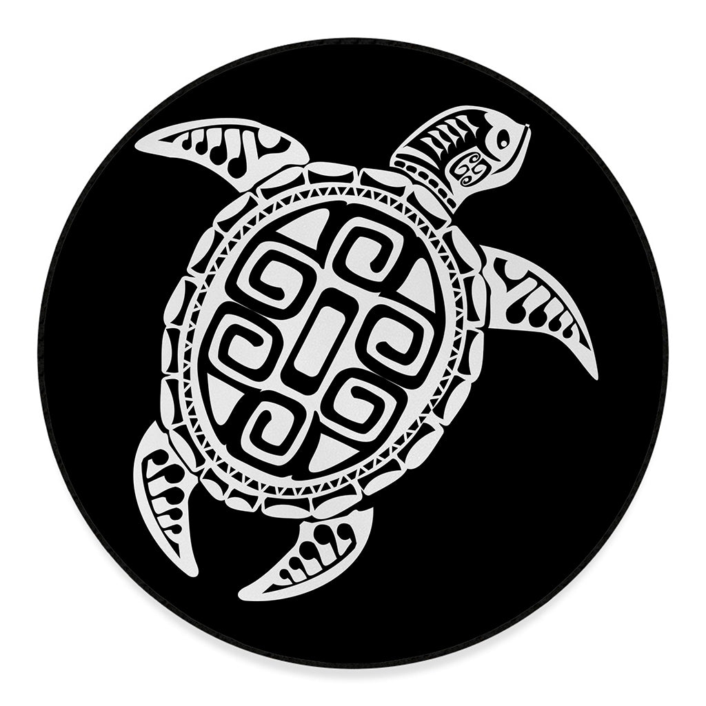 Black And White Maori Sea Turtle Print Round Floor Mat