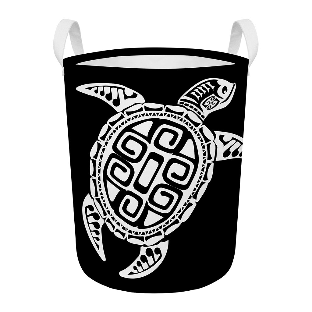 Black And White Maori Sea Turtle Print Round Laundry Basket