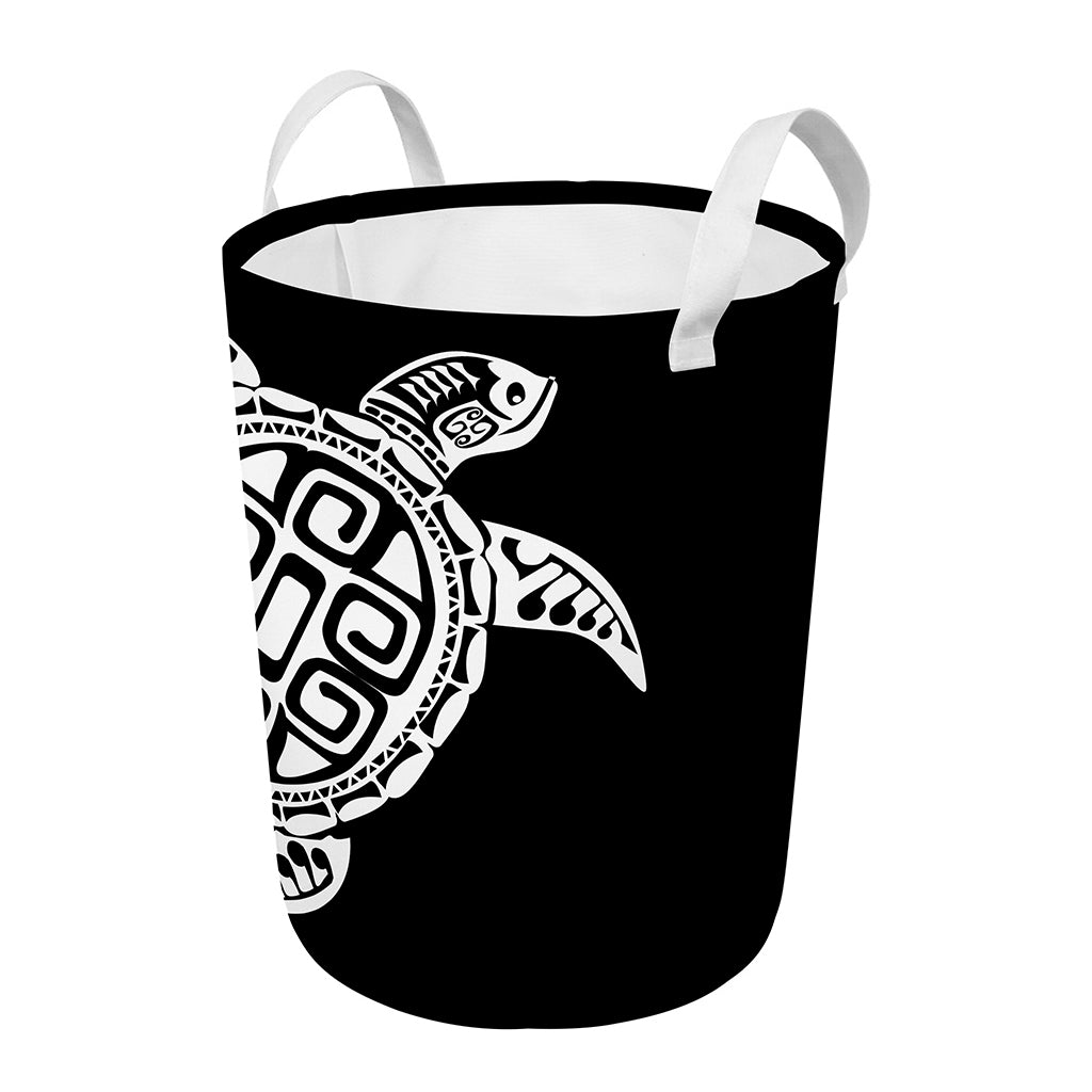 Black And White Maori Sea Turtle Print Round Laundry Basket